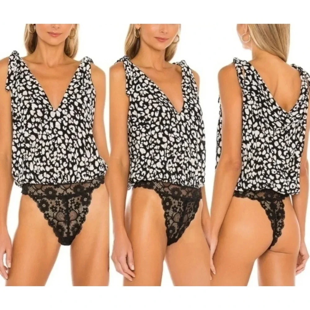 FREE PEOPLE Bare It All Bodysuit Black Leopard Heart Print Lace Women's Size XS